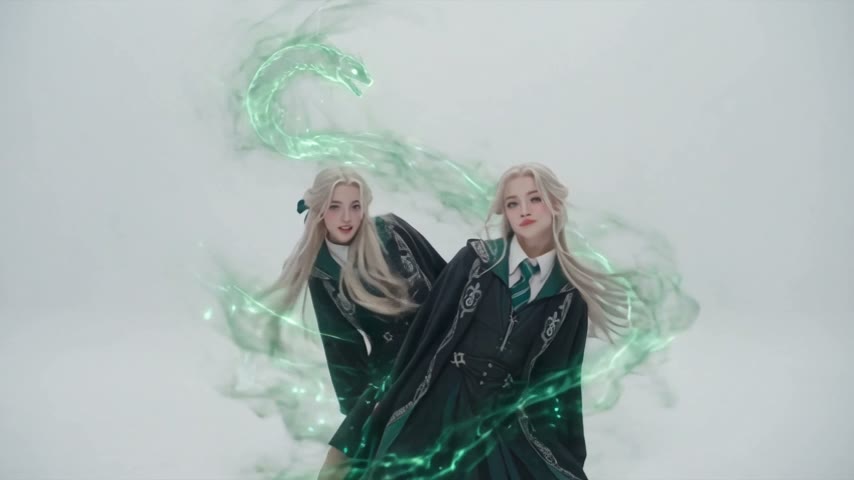 失败那次的一帧：两个一模一样的白金长发女生，穿斯莱特林绿袍，身后有绿色魔法烟雾