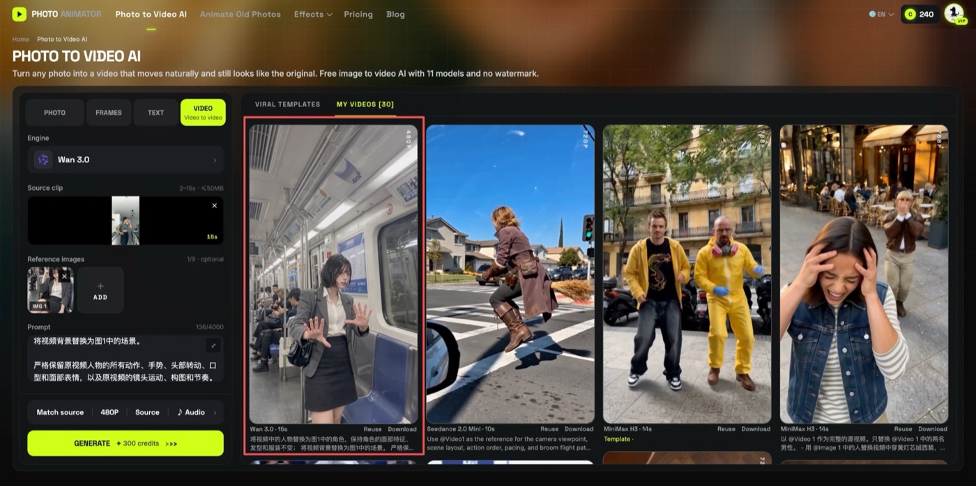Wan 3.0 video-to-video settings for the Bad Times AI video: source clip, one reference image, prompt, 480P, audio on