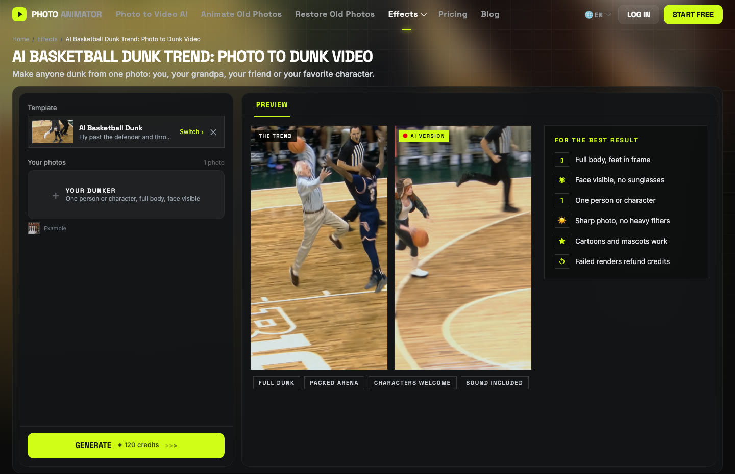 Screenshot of the AI Basketball Dunk page with the template loaded, an upload box for your dunker and a Generate button showing 120 credits