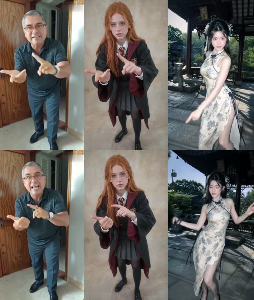 Side-by-side frames at 2 and 4 seconds: the trend clip, the Wan 3.0 result pointing the same way, and the Seedance 2.0 result with different poses