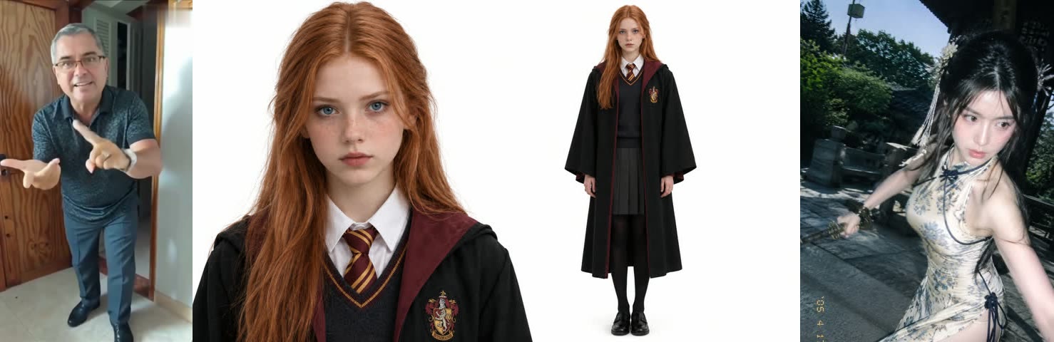 Left: the angry dance trend clip filmed front-on. Middle: a front-facing full-body reference of a red-haired wizard student. Right: a low-angle sideways action photo of a woman in a qipao