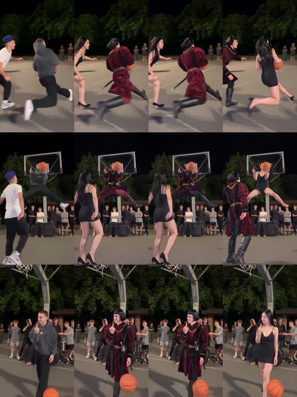 Frames at 1s, 3s and 7.5s. Column 1: trend clip, grey hoodie player dribbles and dunks. Columns 2 and 3: the man in a red coat dunks instead (swapped). Column 4: the girl in a black dress dunks (correct)