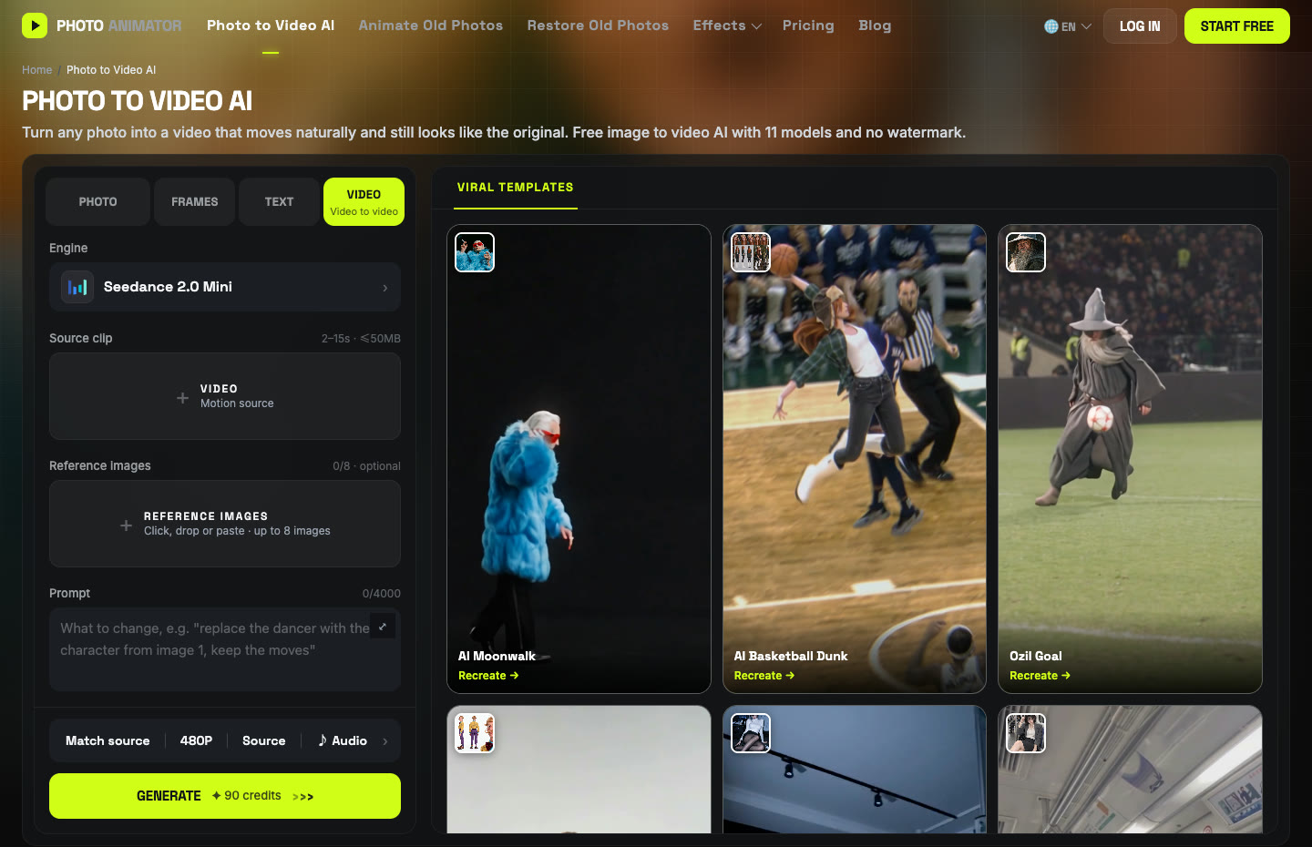 Screenshot of Photo to Video AI with the Video tab selected, showing the Source clip upload, Reference images upload, Prompt box and settings bar