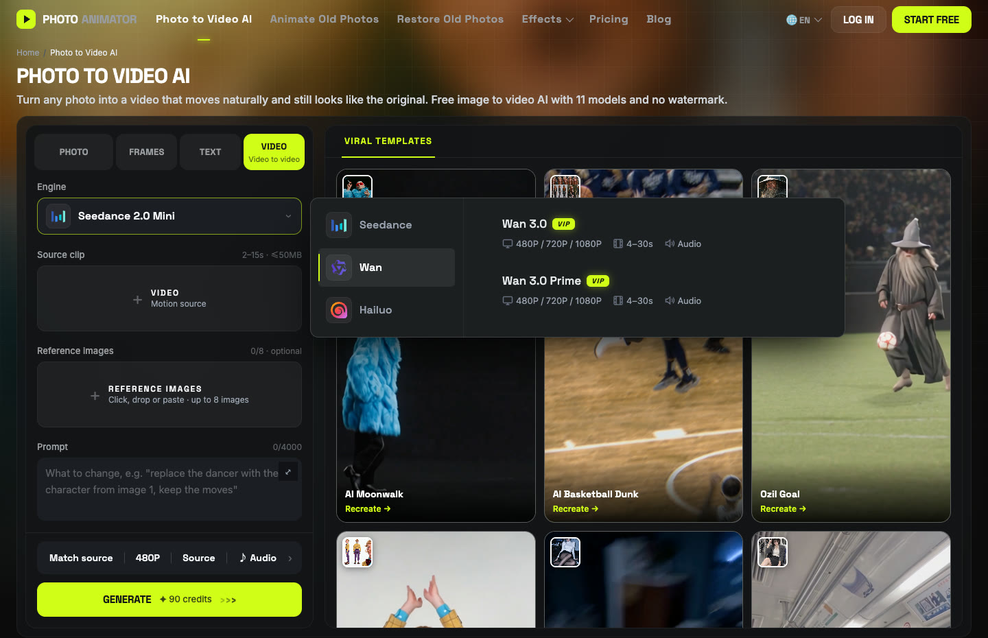 Screenshot of the engine picker on Photo to Video AI with Wan selected, showing Wan 3.0 and Wan 3.0 Prime