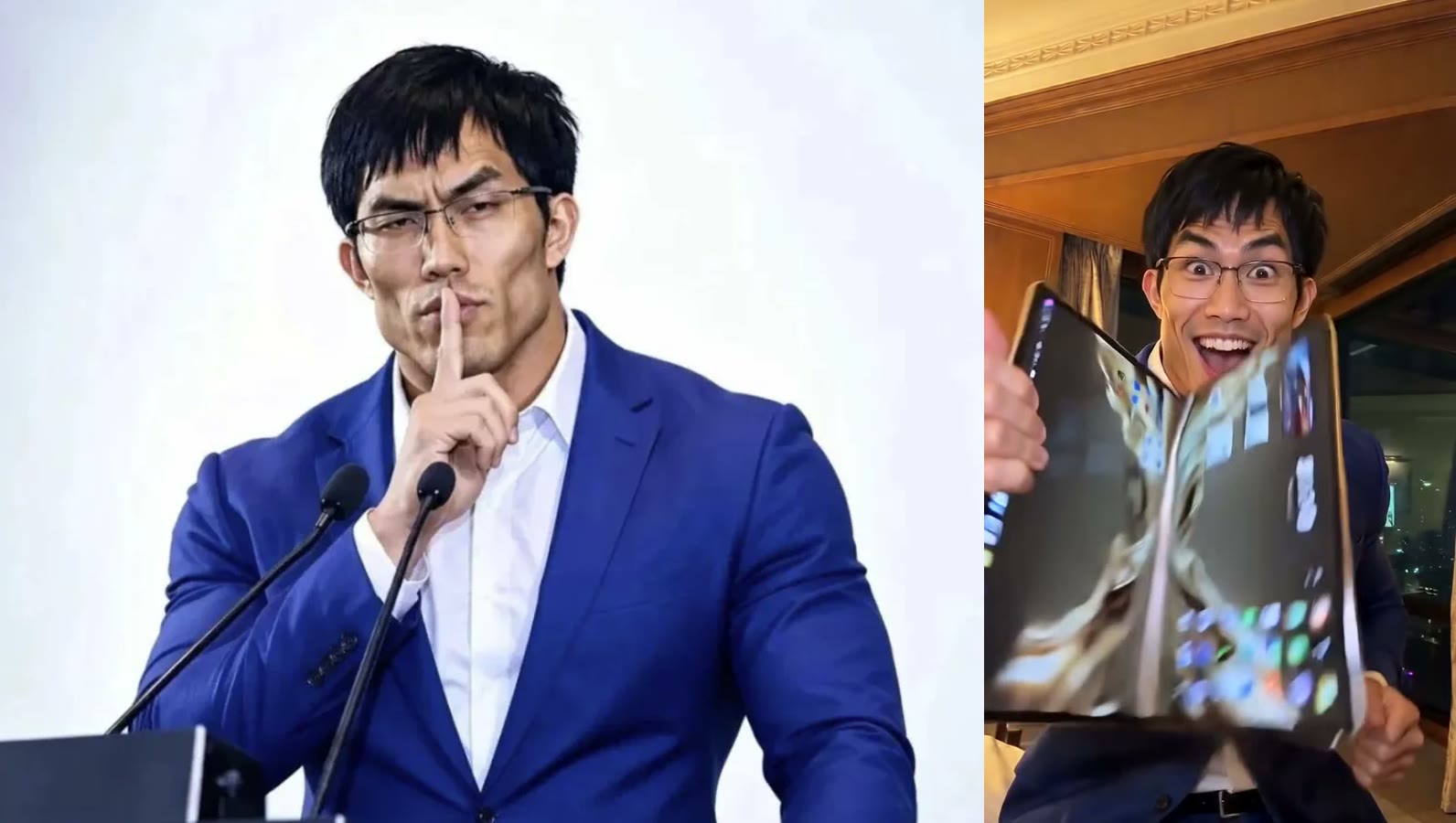 左：穿藏青西装、戴眼镜的男士参考照片。右：iPhone Kupi Dance AI 成片中他在酒店房间展开巨型手机的一帧