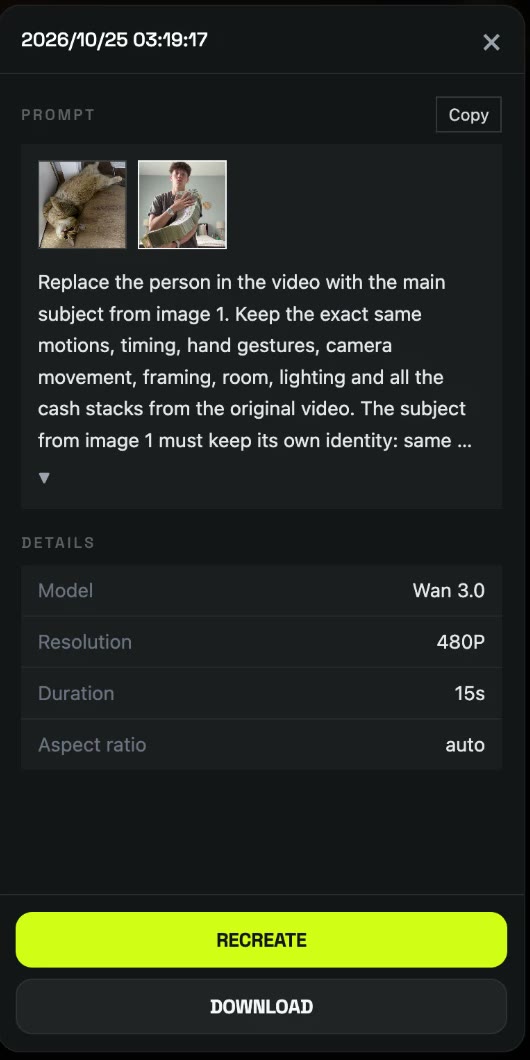 Task details panel: a cat photo as image 1, the money flex trend clip, the prompt, and Wan 3.0, 480P, 15s, auto aspect ratio
