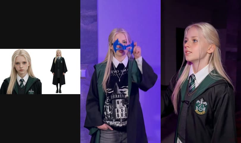 Wan 3.0 test: reference photo of a blonde girl in a green-and-black school robe; at 1 second the clip's graphic sweater shows under her robe