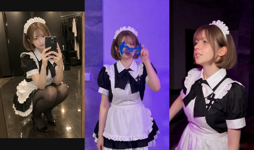 Seedance 2.5 test: reference photo of a short-haired girl in a maid dress; the generated video keeps her face, bob haircut and dress in both parts