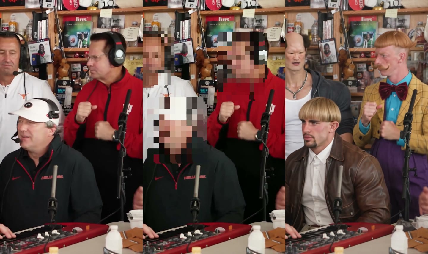 Three frames of the Tiny Desk AI trend side by side: the original parody with coaches, the same frame with faces pixelated, and the AI result with four new characters
