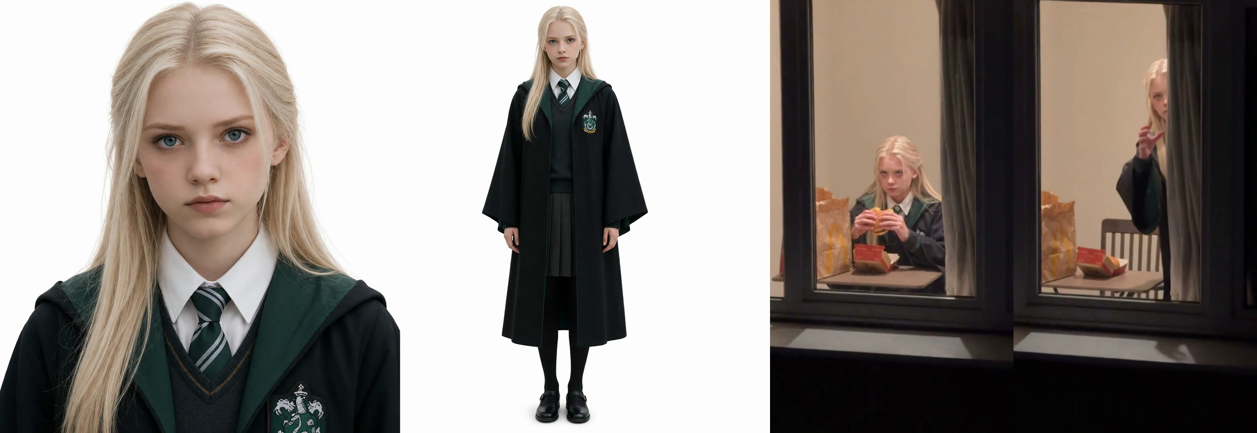 Wan 3.0 window peeper test: reference photos of a blonde girl in a black school robe, then the AI video showing her eating a burger behind a night window and peeking from behind the curtain