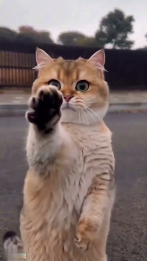 第一次：金色的猫站在街上，举起一只趾头全部张开的爪子