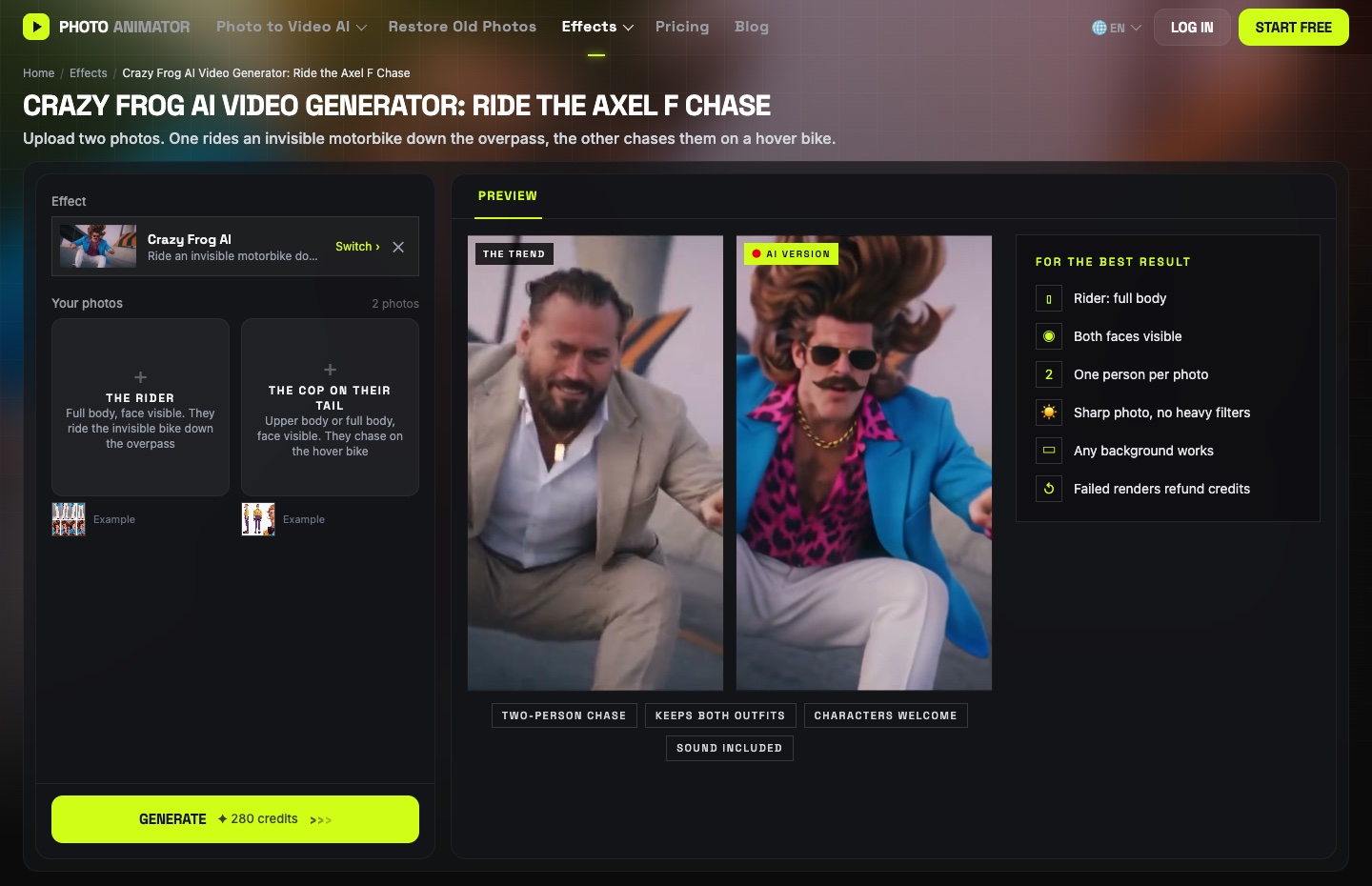Crazy Frog AI 页面截图，模板已加载，有骑手和追的人两个上传框以及生成按钮