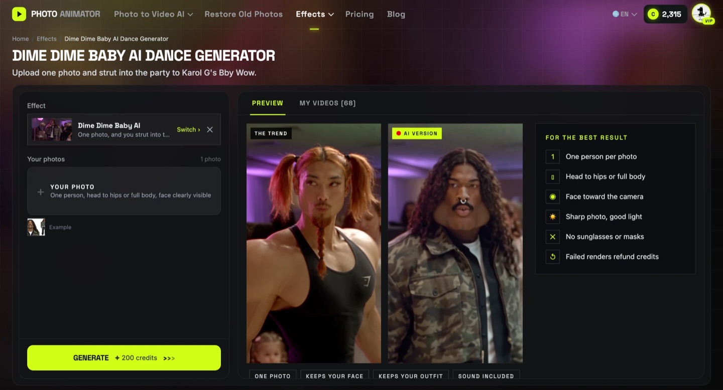 Screenshot of the Dime Dime Baby AI template page: one photo slot on the left, the trend clip and the AI version side by side, and a Generate button showing 200 credits