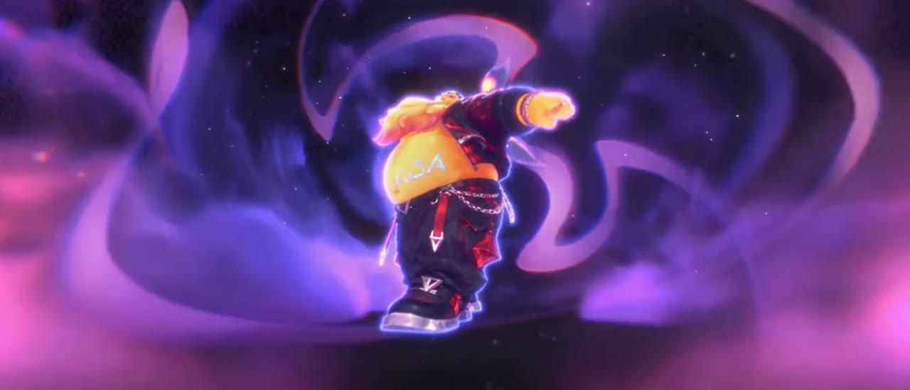 Frame from the Firestarter dance clip: a stocky animated character with a yellow beard and cap dancing against a purple starry background