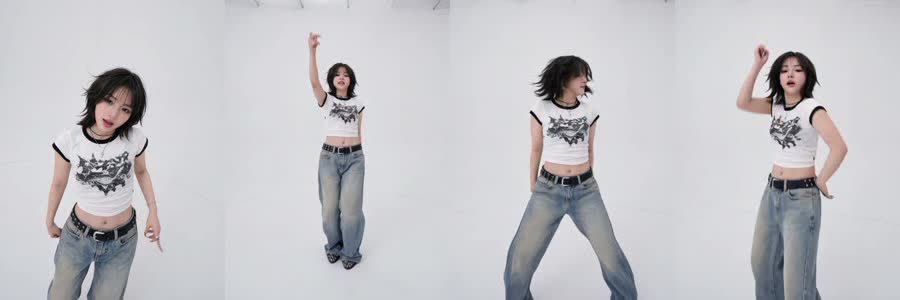 Four frames from test 3: a woman in a white cropped tee and jeans dancing in a white studio, portrait video