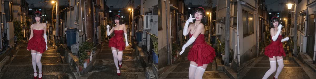Four frames from test 2: a woman in a red dress and white gloves posing in a night alley, square video