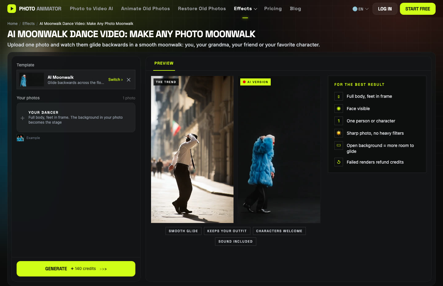 Screenshot of the AI Moonwalk Dance Video page with the template loaded, an upload box for your dancer and the Generate button