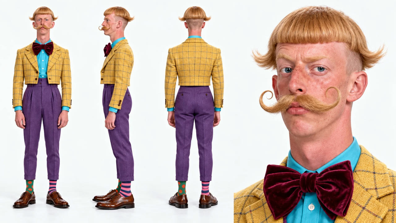 Character sheet of a man with a bowl cut and curled mustache in a yellow plaid jacket, red bow tie and purple trousers, shown from front, side, back and close-up