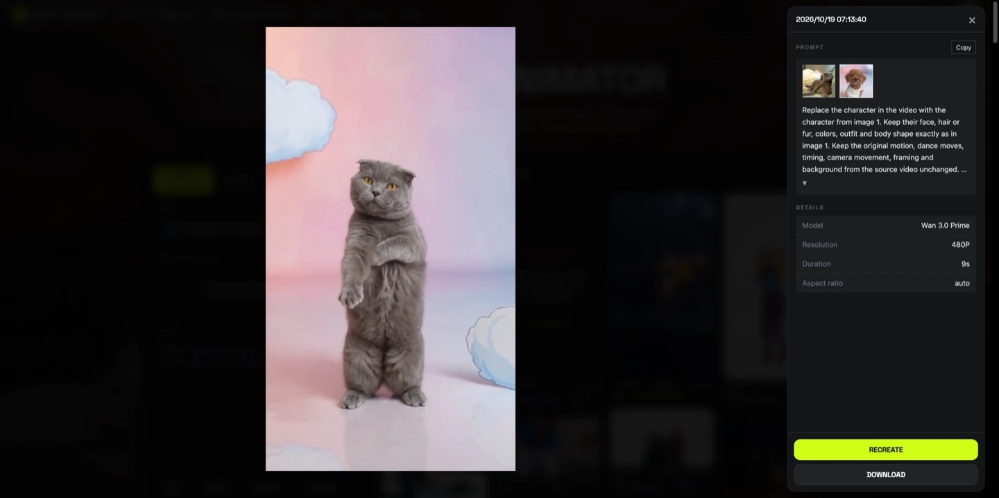 Screenshot of the finished task on AI Photo Animator: the grey Scottish Fold standing upright on a pastel stage with cartoon clouds, with the prompt and details panel showing Wan 3.0 Prime, 480P, 9s, aspect ratio auto
