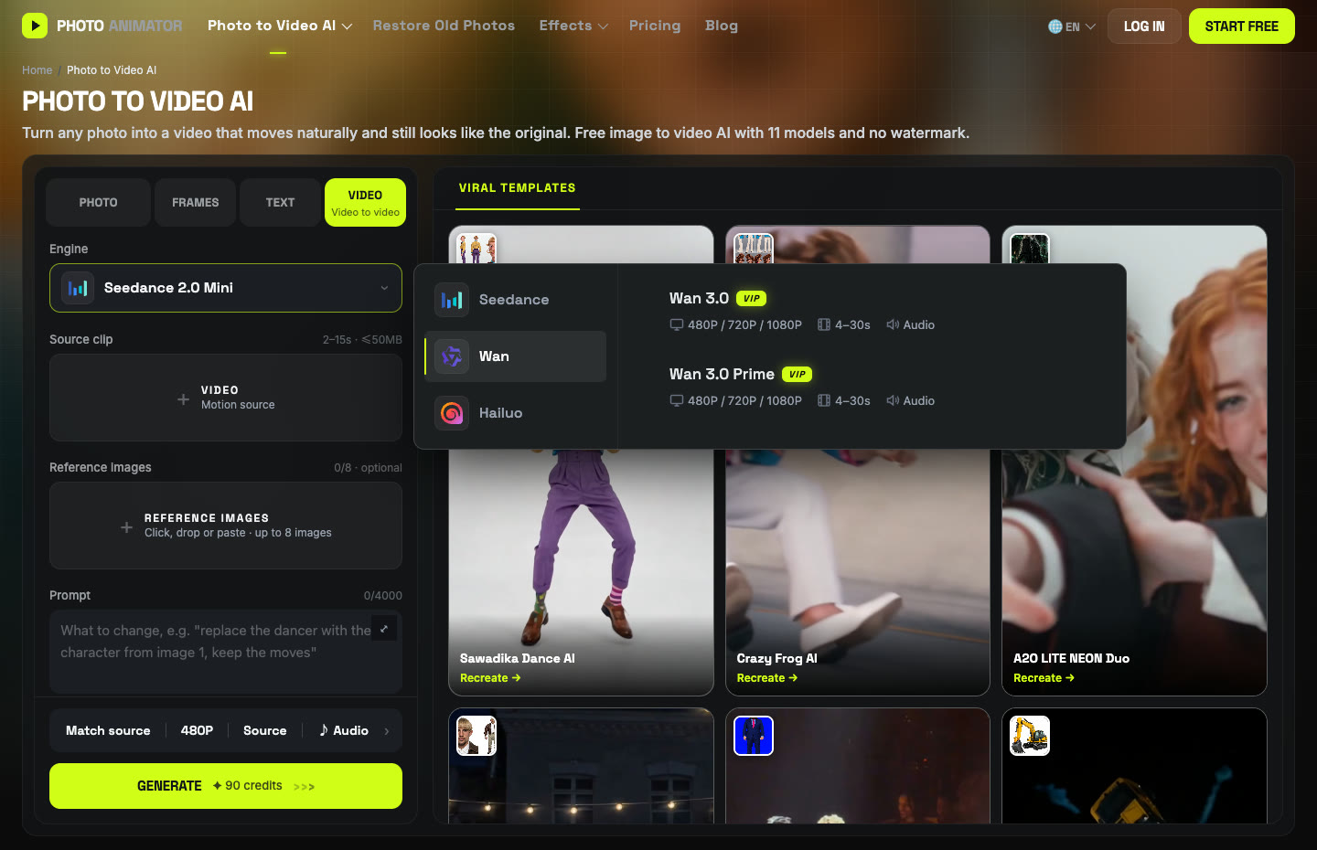Screenshot of the engine picker with Wan selected, showing Wan 3.0 and Wan 3.0 Prime, each with 480P / 720P / 1080P, 4–30s and Audio