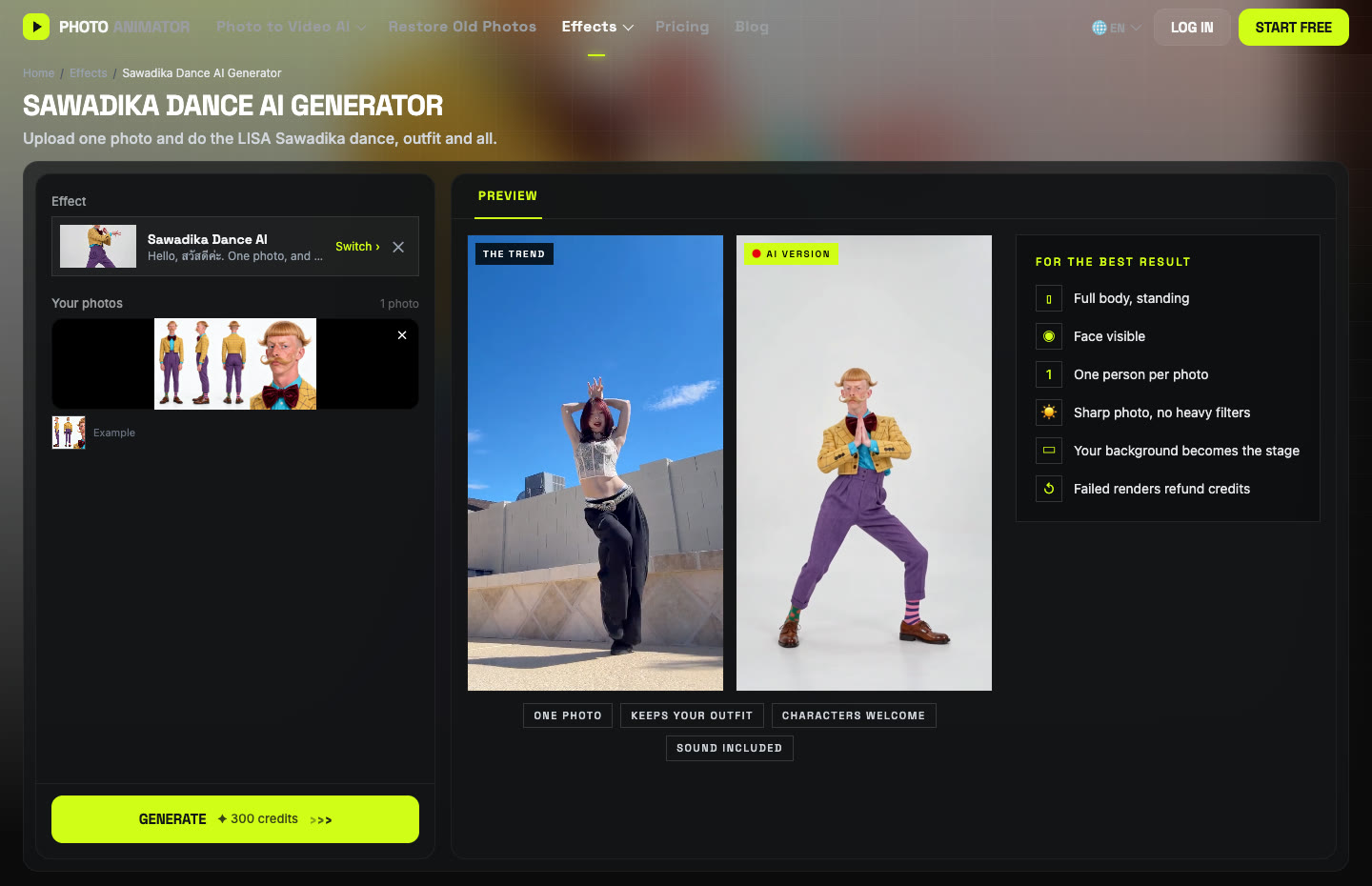 Screenshot of the Sawadika Dance AI Generator page with a character sheet uploaded into The Dancer slot, the trend clip and AI version side by side, photo tips, and a Generate button showing 300 credits