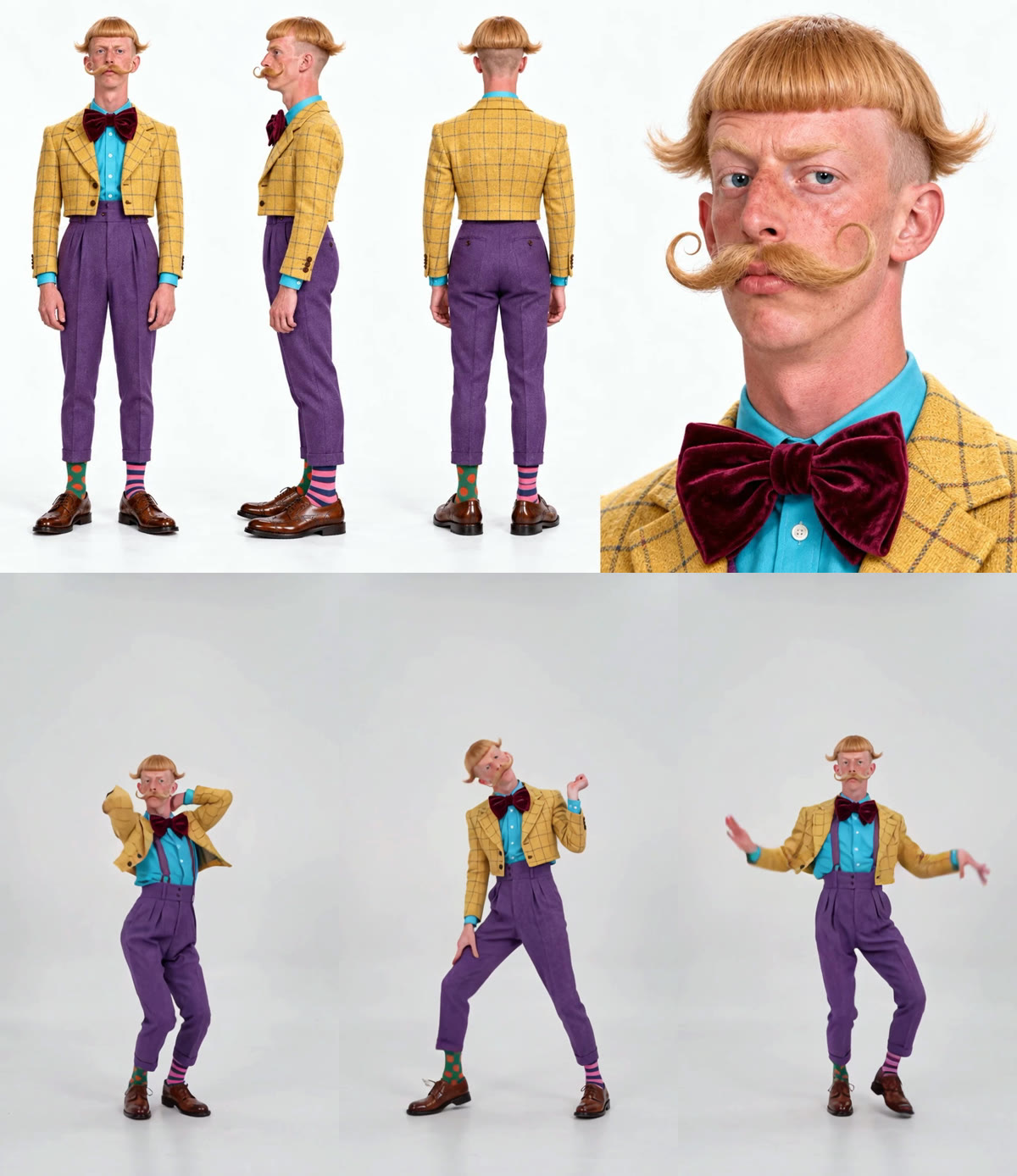 Top: a character sheet of a man with a bowl cut, curled mustache, yellow check blazer and purple trousers, front, side and back plus a face close-up. Bottom: three frames of him dancing in a white studio