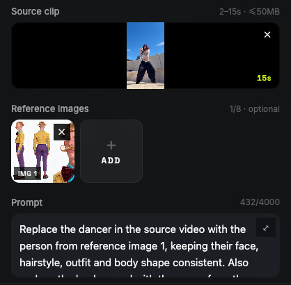 Screenshot of the Video tab with a 15-second dance clip under Source clip, one character sheet under Reference images as IMG 1, and the prompt typed in