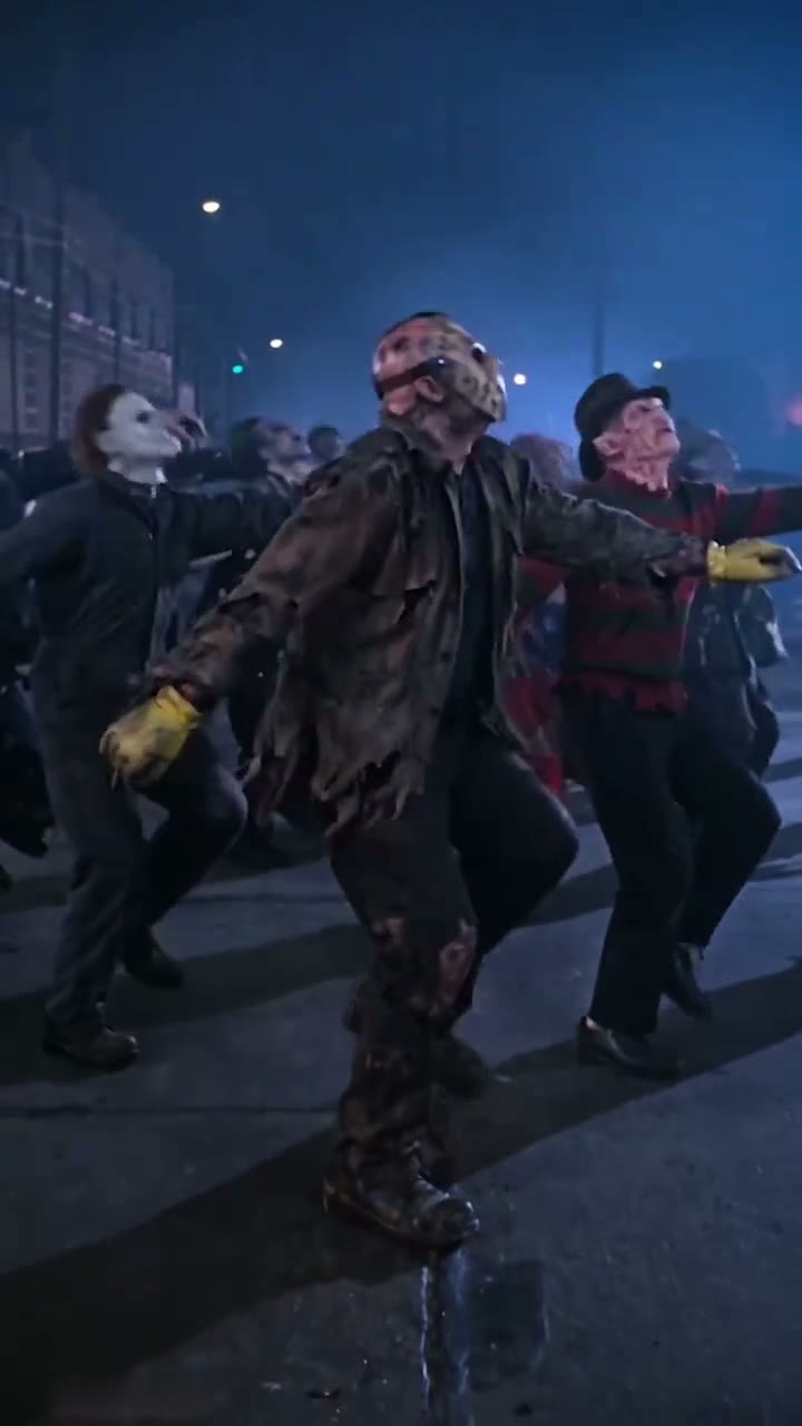 The trend clip: Jason in a hockey mask leading the Thriller dance with Michael Myers and Freddy Krueger on a foggy street