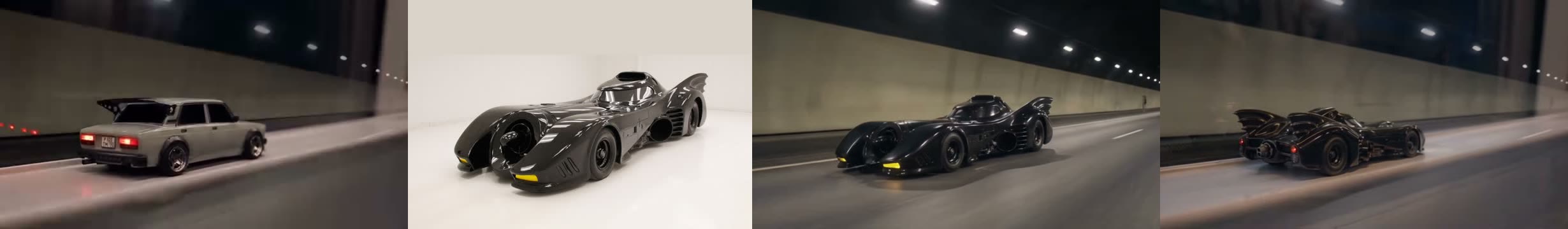 Four frames side by side: the source Lada driving away in a tunnel, the reference photo with the nose pointing left, run 1 with the nose toward the camera, run 2 with the tail toward the camera